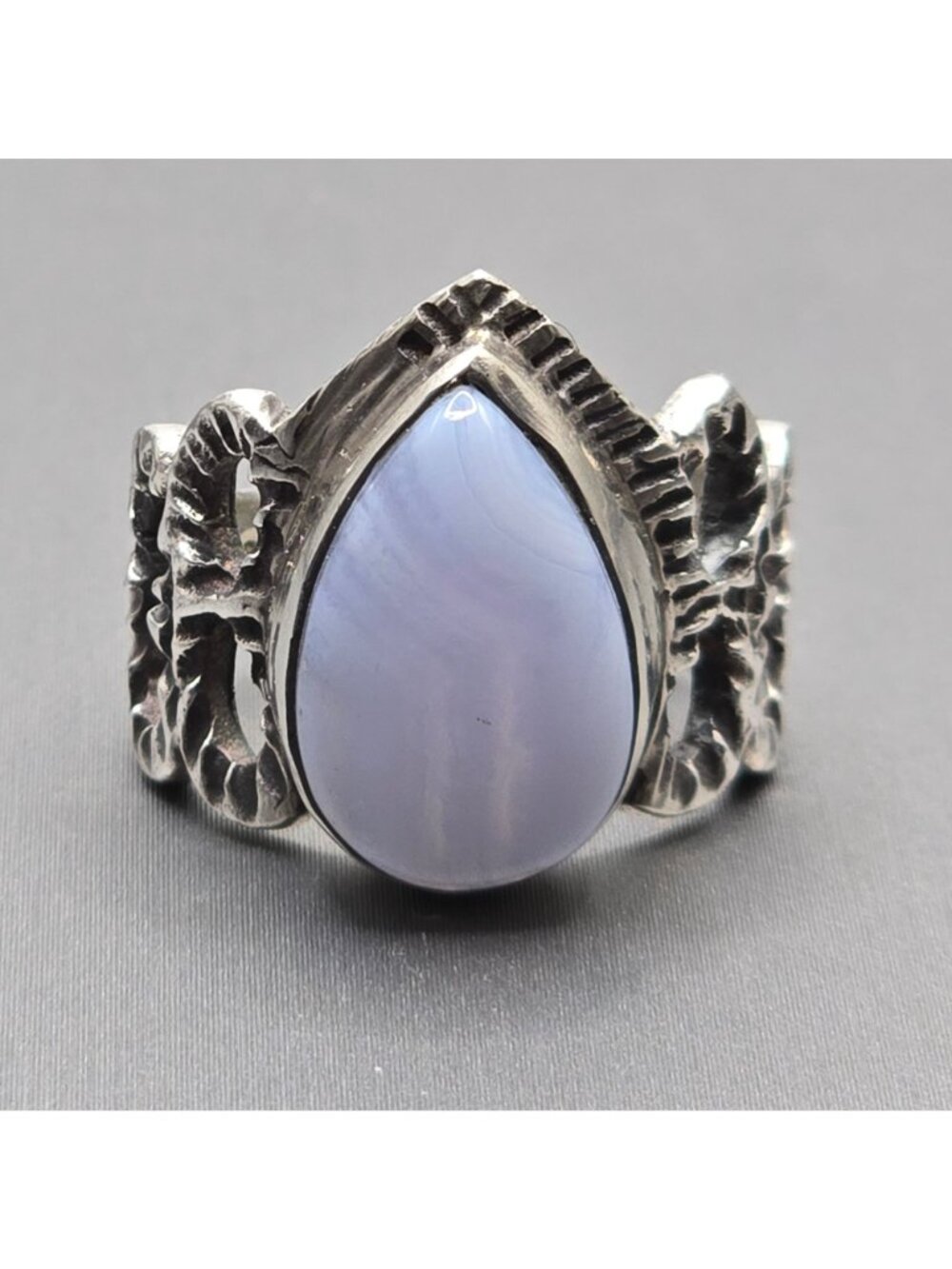 Vintage Sterling Silver Blue Lace Agate Ring Size 6.5 Brutalist Open Link Band - Picture 2 of 13